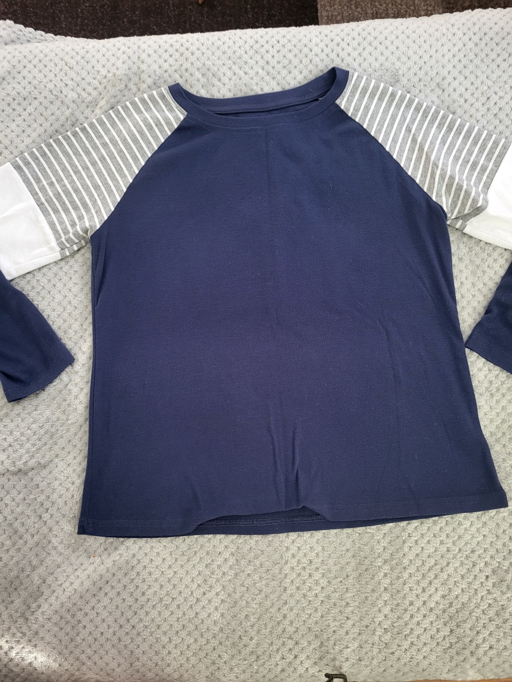 Navy Raglan Long Sleeve Top with Gray Striped Sleeves LARGE